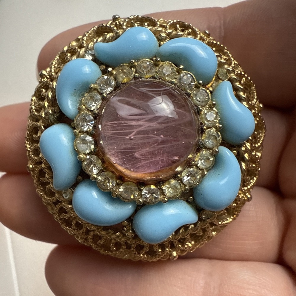 Vintage Art Deco Pink Teal Round Brooch Gold Tone Hearts Tear Drop Unique